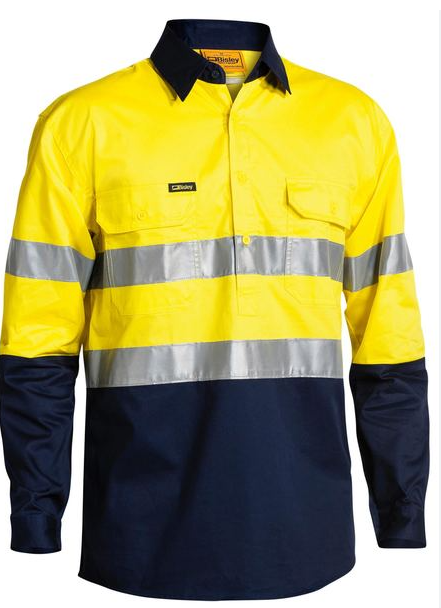 Shirt BISLEY Closed Front Light Cool Lightweight 100 Cotton Reflective Tape  Gusset Cuff