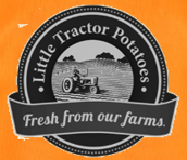 Heatpress Little Tractor Potatoes Fresh from our farms Logo in Brown  Coffee  Brown Shades with Black Outlined Tractor on Fields on Upper BACK of