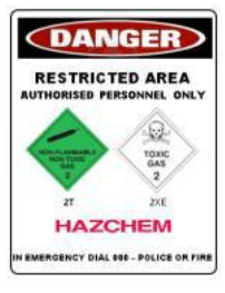 Sign Danger Restricted Area Authorised Personnel Only Hazchem with 2 Pictorials In Emergency Dial 000  Police or Fire   Metal Portrait 300mm x 400mm