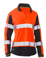 Polo Shirt Bisley Ladies Hi Vis Two Tone V Neck Polo Shirt Long Sleeve with Silver Reflective Tape