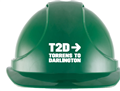 Cap Safety Vented Force360 GREEN Cap with Slide Lock Harness and T2D TORRENS TO DARLINGTON Logo in WHITE on Front 1 Colour PrintHPFPRGT03