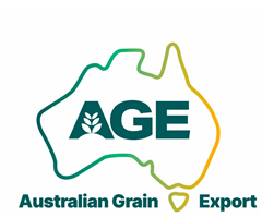 Heatpress Australian Grain Export Front Left Hand Side WearingUpper GarmentsGreen  Orange Logo10cm Wide x 7cm High