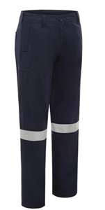 Trousers Ladies Lightweight with Silver Reflective Tape Cotton Drill Pants 310gsm Multi Pocket Cargo Navy