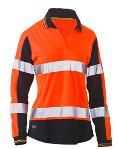 Polo Shirt Bisley Ladies Hi Vis Two Tone V Neck Polo Shirt Long Sleeve with Silver Reflective Tape