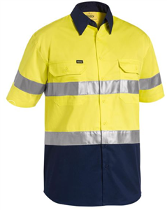Shirt Bisley Hi Vis YELLOW NAVY with Reflective Tape Cool Light Weight Two Tone Short Sleeve Shirt  155gm