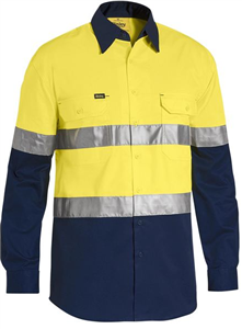 Shirt Bisley 100 Cotton Hi Vis YellowNavy LW Ref Tape LS 155gsm Vertical Cotton Mesh Back  Under Arm Mesh Ventilation