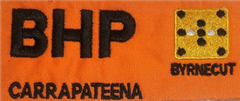 Embroidery BHP CARRAPATEENA Black Logo  BYRNECUT Dual Logo Front Left Hand Side WearingBlack White  Gold Logo