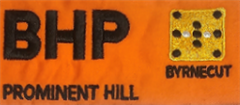 Embroidery BHP PROMINENT HILL Black Logo  BYRNECUT Dual Logo Front Left Hand Side WearingBlack White  Gold Logo