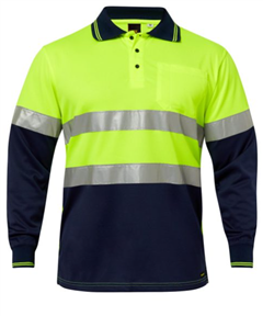 Polo WORKCRAFT Hi Vis Two Tone YELLOWNAVY Long Sleeve with Silver Ref Tape 100 Polyester Micromesh 157gsm