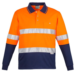 Polo Shirt Mens Hi Vis Spliced Long Sleeve Polo Shirt with Hooped Silver Reflective Tape 175gm 100 Polyester