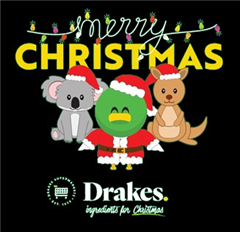 Heatpress merry CHRISTMAS Drakes ingredients for Christmas Logo Centre Fronton BLACK TSHIRTKoala Kangaroo  DuckWhiteYellowRedGreyPink 