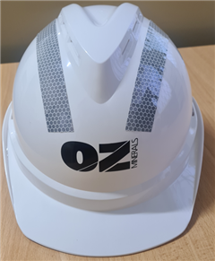 Safety Cap VGard White with OZ MINERALS  Logo  Silver Reflective Tape on Sides  Back