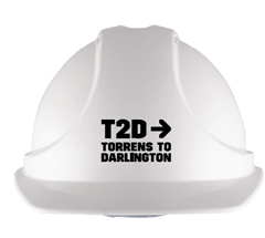 Cap Safety Vented Force360 WHITE Cap with Slide Lock Harness and T2D TORRENS TO DARLINGTON Logo in BLACK on Front 1 Colour PrintHPFPRGT03