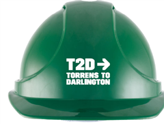 Cap Safety Vented Force360 GREEN Cap with Slide Lock Harness and T2D TORRENS TO DARLINGTON Logo in WHITE on Front 1 Colour PrintHPFPRGT03