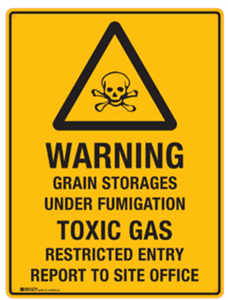Sign Warning Grain Storages Under Fumigation TOXIC GAS Restricted Entry Report To Site Office with Symbol  Black on Yellow Background   Metal 600x400m